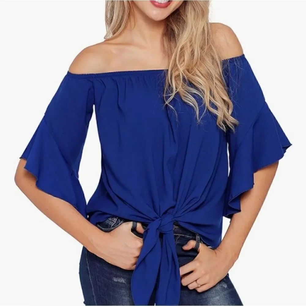 Eddoyee Summer Blue Off Shoulder Blouses Flare Sleeve Shirts Waist Tie Knot top